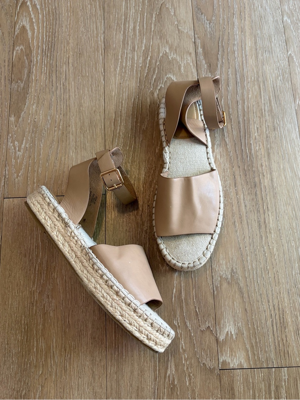 H&M Beige Leather Espadrille Sandals w/ Ankle Buckle